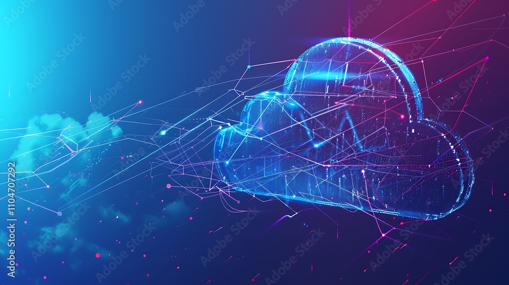 Poster abstract visualization of a cloud computing network, showcasing digital data storage and global conn