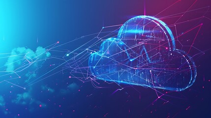 Abstract visualization of a cloud computing network, showcasing digital data storage and global connectivity.