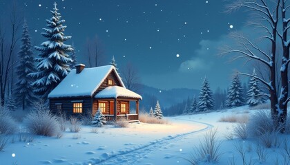 Fototapeta premium Cozy cabin in a snowy forest perfect for a winter getaway
