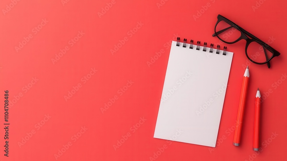 Poster a notepad, red pens, and glasses are arranged on a vibrant red background, creating a simple yet str