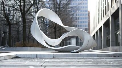 White abstract sculpture rests in city plaza with modern buildings and bare winter trees for urban art contrast and contemporary design concept.