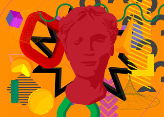 Head Statue geometrical graphic retro theme background. Minimal geometric elements. Vintage abstract shapes vector illustration.