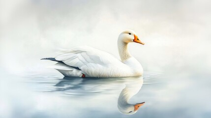 Fototapeta premium Serene Goose by Pond: Watercolor Reflection