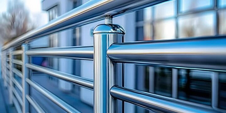 Stainless steel railing adorns building exterior.