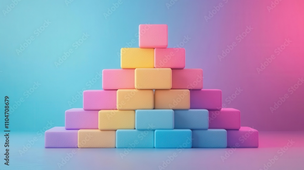 Poster a colorful pyramid made of pastel blocks against a gradient background, creating a vibrant and playf