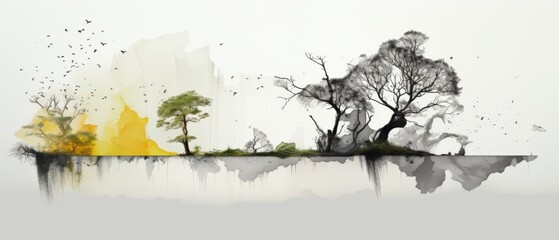 abstract landscape illustration with trees and birds in a serene environment