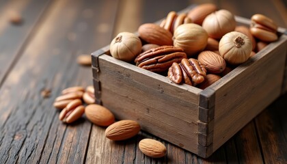  Nutty Delight  A wooden box filled with a variety of nuts on a rustic wooden surface
