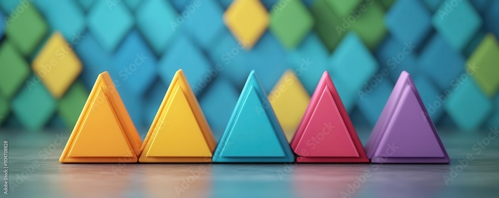 Poster colorful triangular shapes arranged in a row, set against a vibrant geometric background, creating a