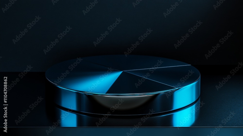 Poster sleek round metallic object with geometric segments and blue light