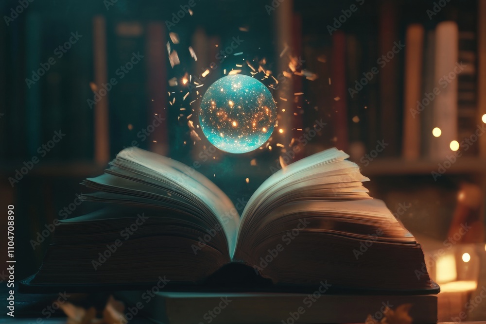 Poster an open book with a glowing orb representing knowledge and imagination