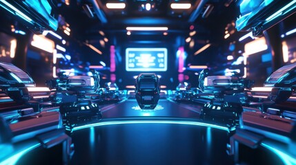 A futuristic robotic gaming arena hosting virtual reality tournaments with AI opponents, Gaming Arena style, photo of