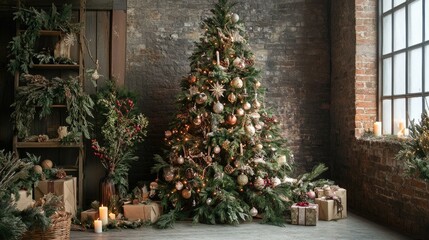 A beautifully decorated Christmas tree surrounded by gifts and festive decor in a cozy setting.