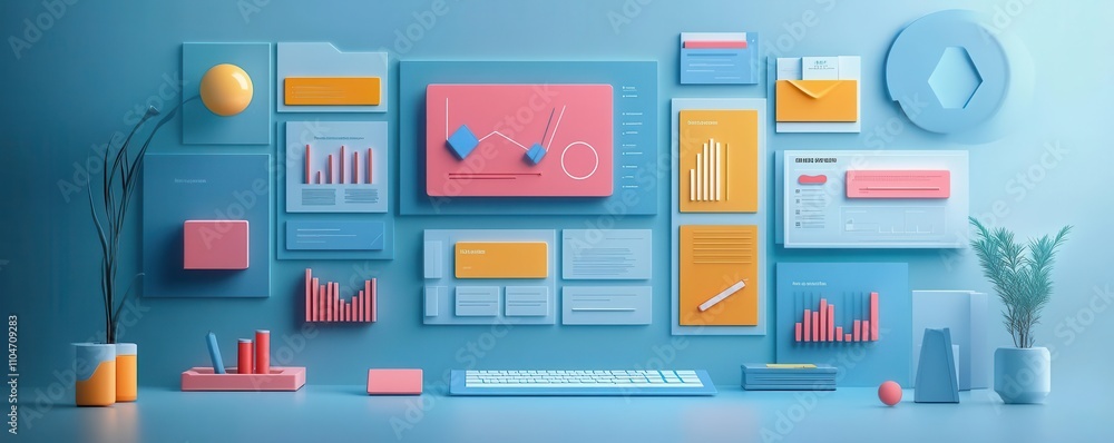 Poster a modern workspace featuring colorful data visualizations, graphs, and a plant, creating an inviting