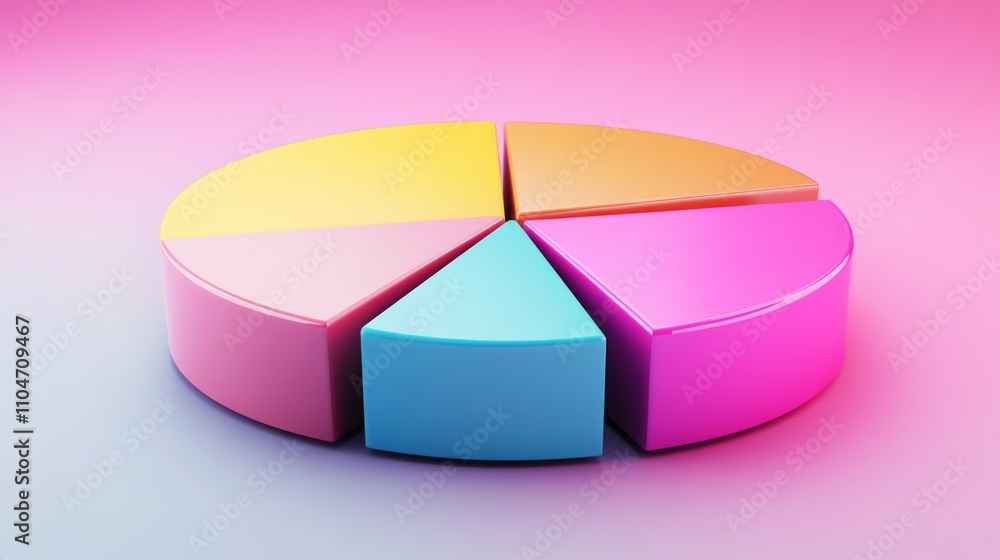 Poster colorful 3d pie chart with vibrant sections on gradient background