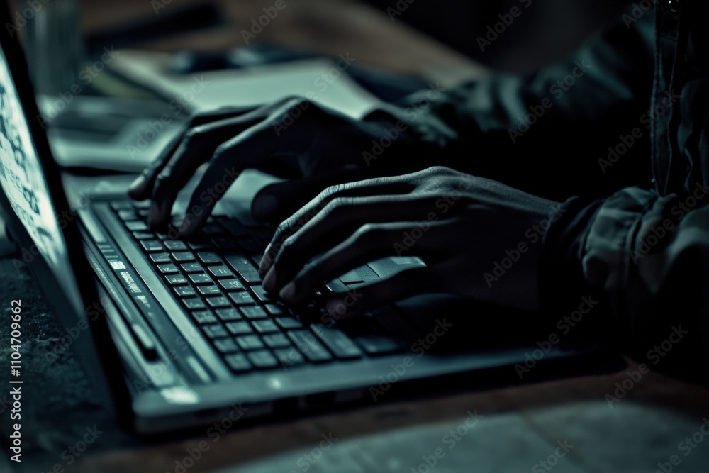 Poster hands typing on a laptop keyboard in a dimly lit environment