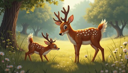  A tender moment in the wild  Mother deer and fawn in a field of flowers