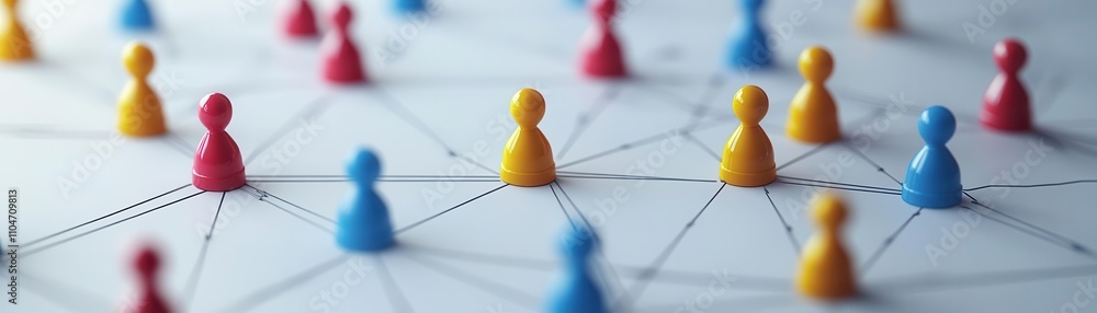Poster colorful game pieces connected by lines illustrate networking or collaboration concepts in a playful