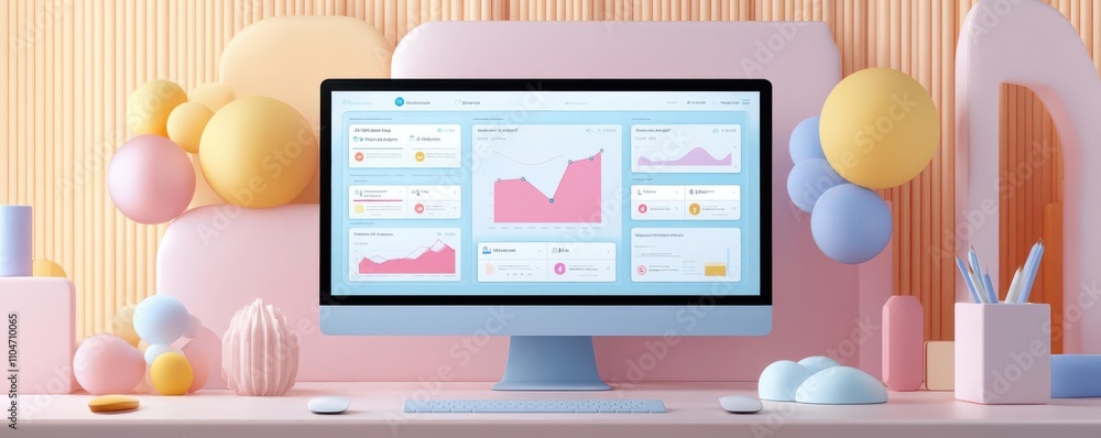 Poster a modern workspace featuring a computer displaying graphs and data, surrounded by colorful decorativ
