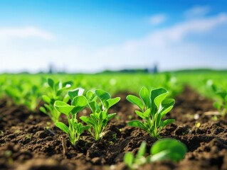young plants growing in fertile soil under a clear blue sky