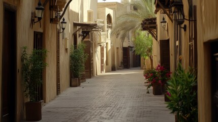 Obraz premium Sunlit alleyway in a historic Middle Eastern town, featuring traditional architecture, potted plants, and brick paving.