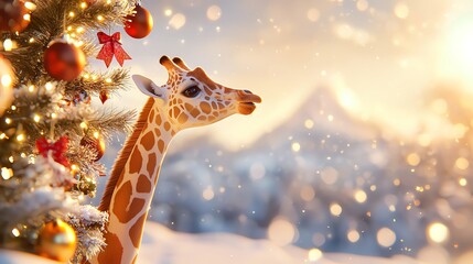 Giraffe near Christmas tree in winter setting