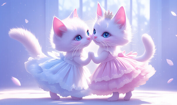 Two white cats in princess dresses dancing together
