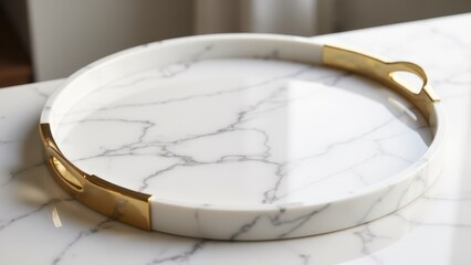 A luxurious round marble tray with subtle veining and ambient lighting