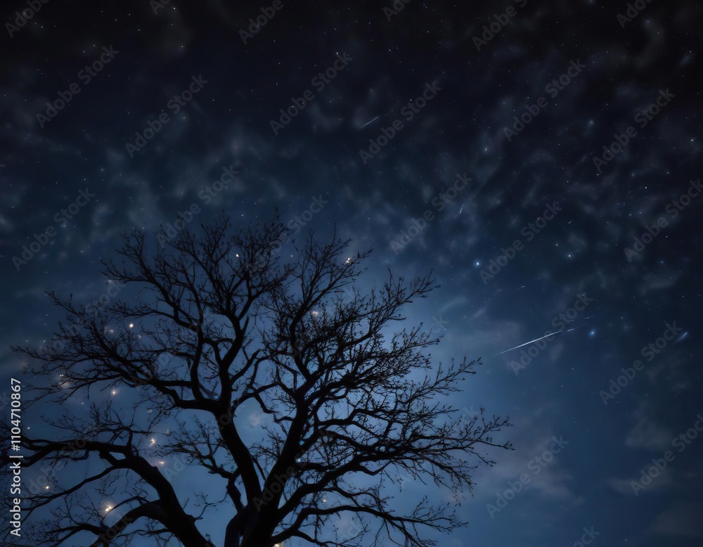 Wall mural dark blue night sky with twinkling stars and silhouetted tree branches, dark blue, nature, tree bran