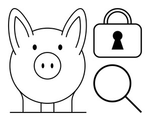 Piggy bank, padlock, and magnifying glass emphasizing savings and financial security. Ideal for banking, finance, security, analysis, personal savings investment themes money management. Line
