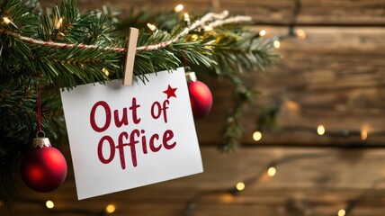 A festive "Out of Office" sign hangs from a Christmas tree branch, surrounded by ornaments and fairy lights, conveying holiday cheer and a temporary absence.