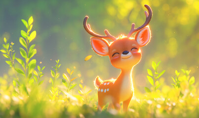 Naklejka premium A lovely fawn was walking on the forest grass