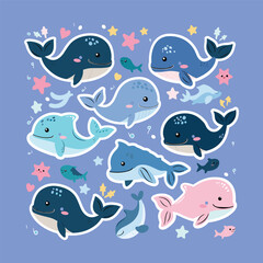 collection of cute blue whale vector stickers