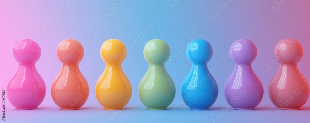 Poster a colorful row of glossy game pieces in pastel shades arranged symmetrically against a soft gradient