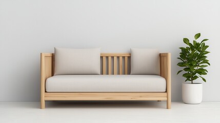 Modern Minimalist Wooden Sofa with Cushions and Potted Plant