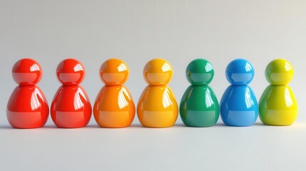 A row of colorful wooden figurines in red, orange, yellow, green, blue, and purple, arranged neatly on a light background.