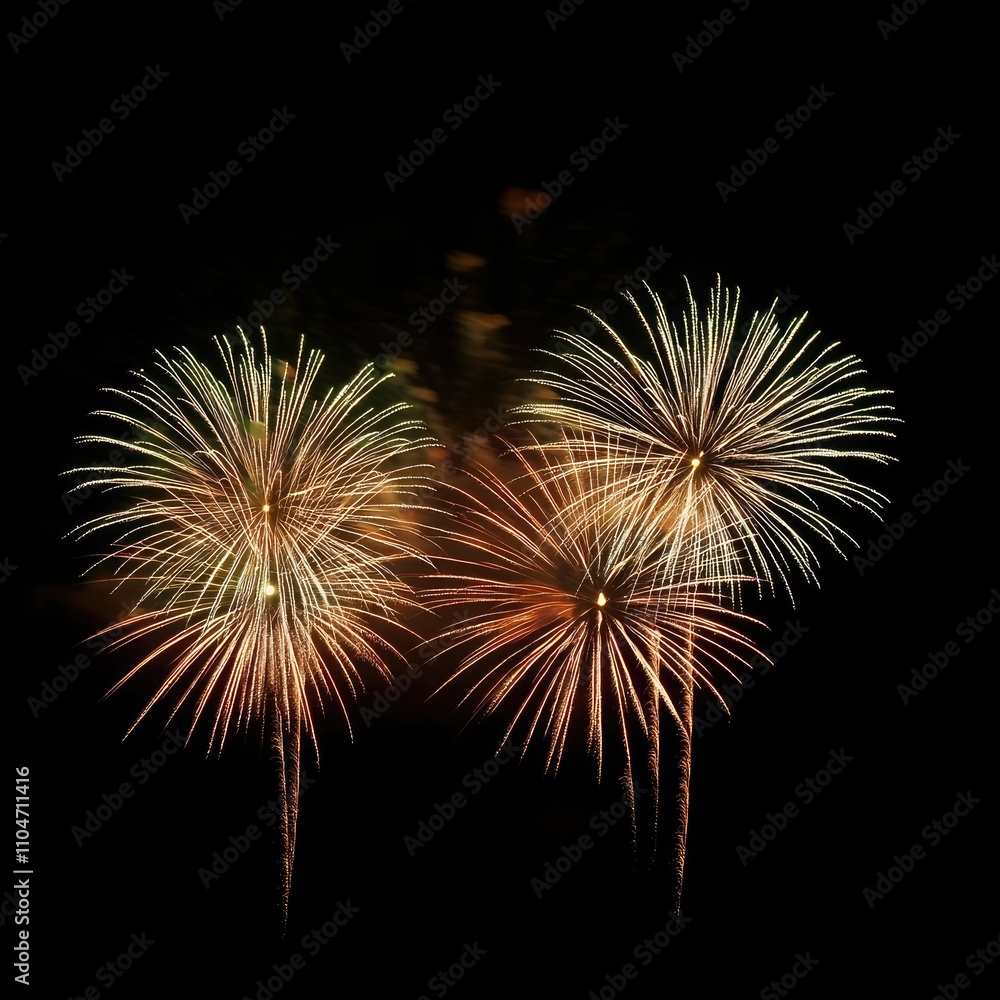 Poster two vibrant fireworks explode against a dark night sky, showcasing intricate patterns of light and c