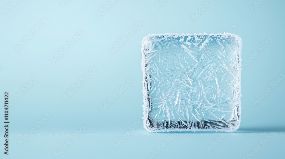 Poster clear ice block with frost on soft blue background for design