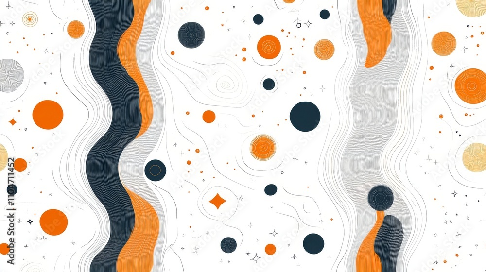 Fototapete abstract pattern with waves and circular shapes in orange and black