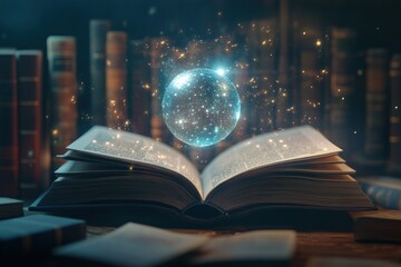 magical book with glowing orb and sparkles