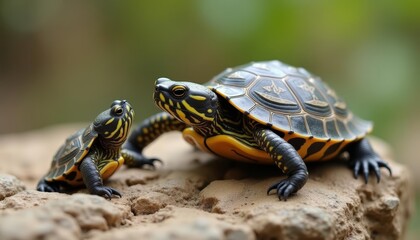 Naklejka premium A tender moment between a mother turtle and her hatchling