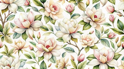 Soft botanical watercolor pattern of luxurious magnolias and jasmine flowers, luxurious, magnolias, jasmine, flowers