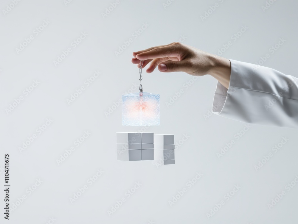Poster hand holding a floating object with cubes representing innovation and technology