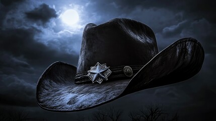A black cowboy hat with a star badge under a moonlit sky, evoking a mysterious Western theme.