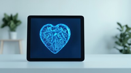 Digital Heart Illustration on Tablet Screen in Modern Workspace