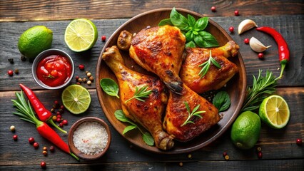 Spicy roasted chicken leg served with lime and sauces, spicy, roasted, chicken, leg, lime, sauces, delicious, culinary