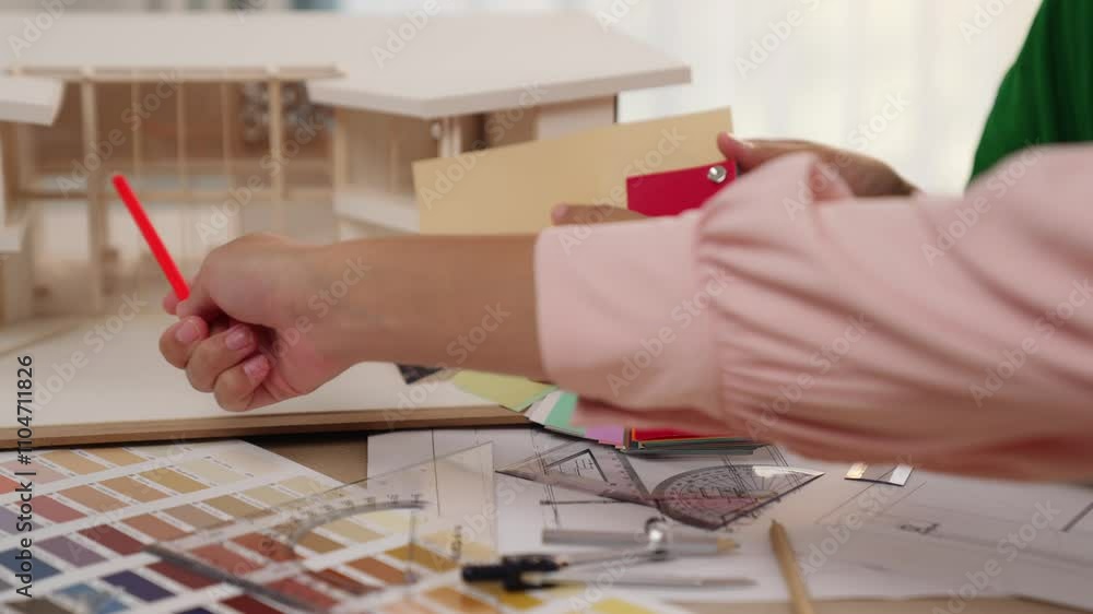 Poster slow motion interior designer using architectural equipment draw a blueprint while interior designer
