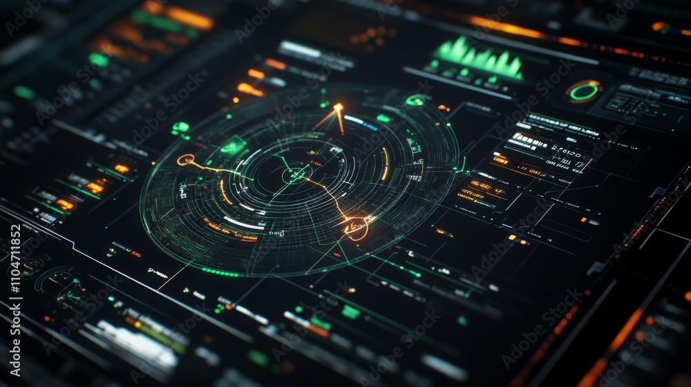 Poster futuristic digital interface with data visualization and charts