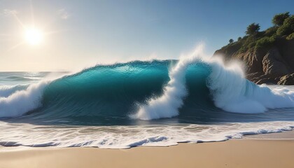 Naklejka premium Majestic blue sea wave crashing on sandy beach, paradise, idyllic