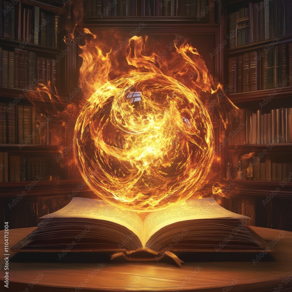 Poster magical book with glowing fireball in a library setting
