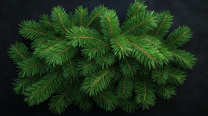 Christmas tree branch on a dark background with green pine branches or close-up of lush fir branches green abies